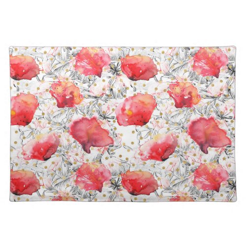 RED  POPPIES AND GOLD PATTERN CLOTH PLACEMAT