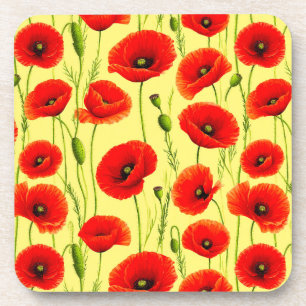Red Poppies and Green Stems Beverage Coaster