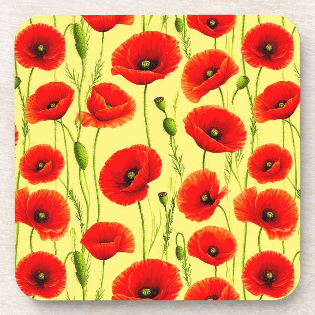 Red Poppies and Green Stems Beverage Coaster (Front)