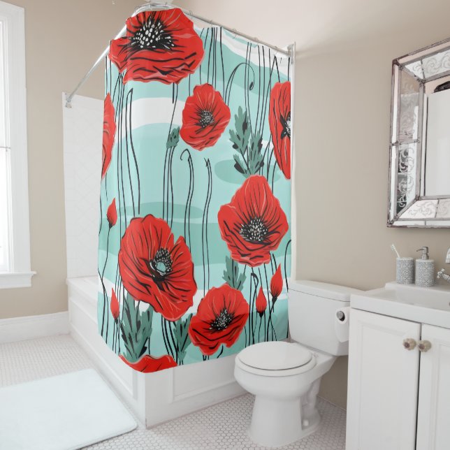 Red Poppies and green stripes Shower Curtain (In Situ)