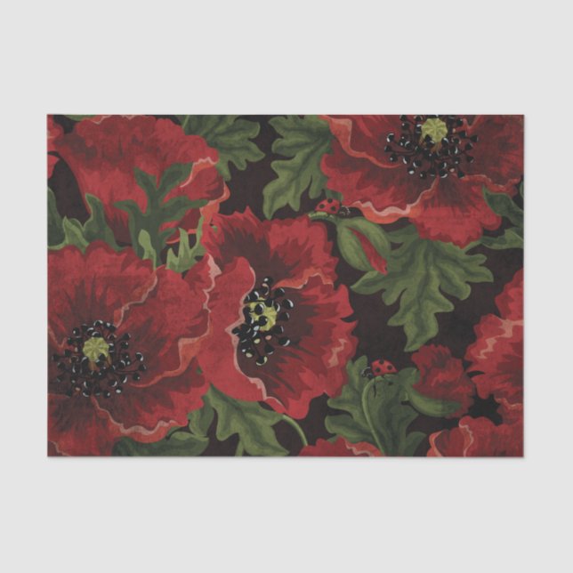 Red Poppies and Ladybugs on Black Background Tissue Paper (Front)
