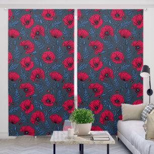 Red poppies and ladybugs on dark blue blackout curtains