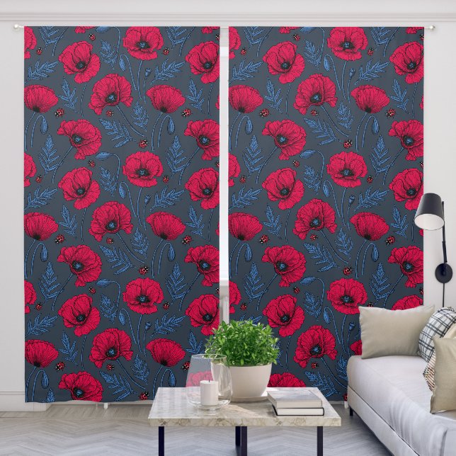 Red poppies and ladybugs on dark blue blackout curtains (Living Room)