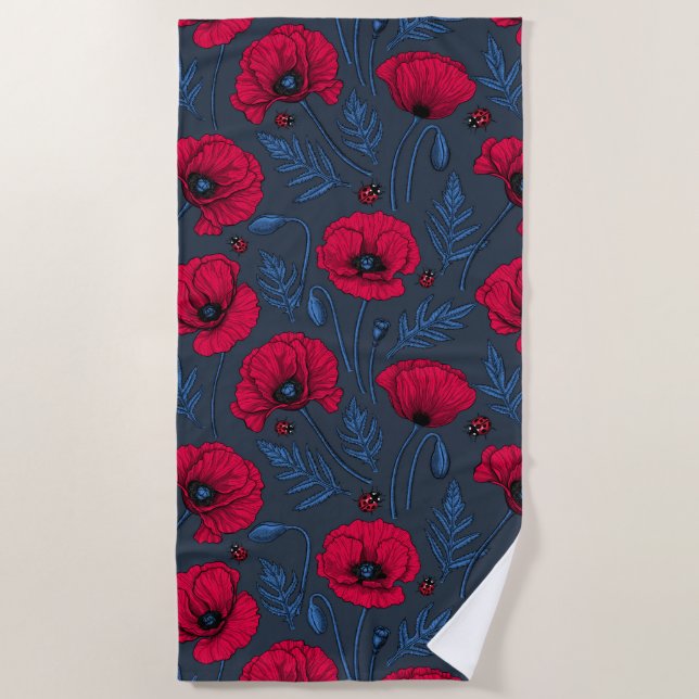 Red poppies and ladybugs on dark blue blue beach towel (Front)