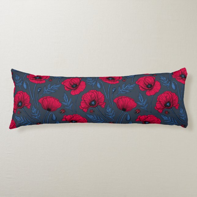 Red poppies and ladybugs on dark blue body pillow (Front)