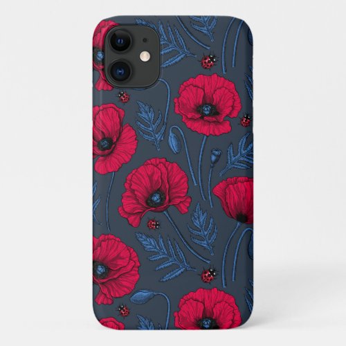 Red poppies and ladybugs on dark blue iPhone 11 case