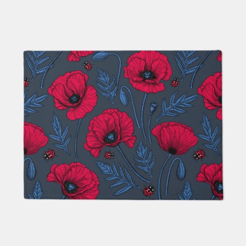 Red poppies and ladybugs on dark blue doormat