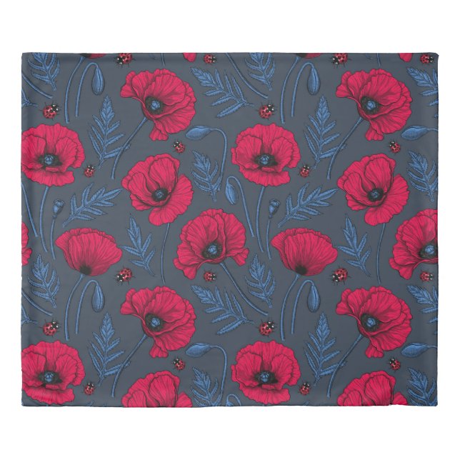 Red poppies and ladybugs on dark blue duvet cover (Front)