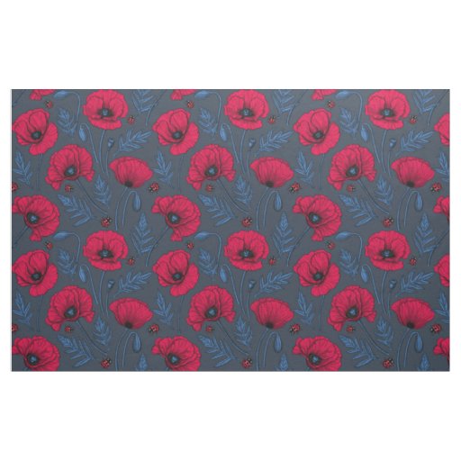Red poppies and ladybugs on dark blue fabric