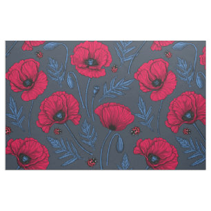Red poppies and ladybugs on dark blue fabric