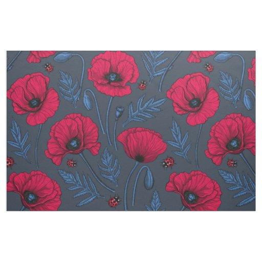 Red poppies and ladybugs on dark blue fabric