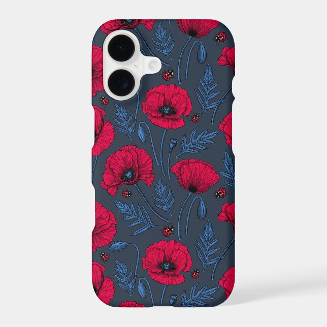Red poppies and ladybugs on dark blue iPhone case (Back)
