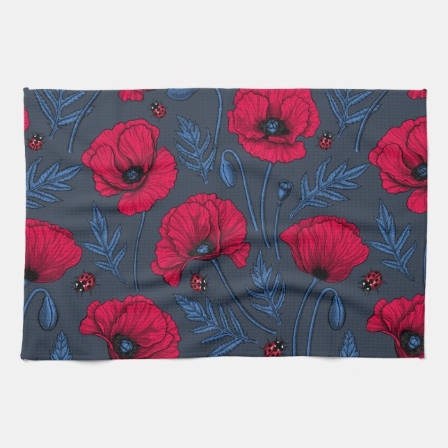 Red poppies and ladybugs on dark blue kitchen towel (Horizontal)