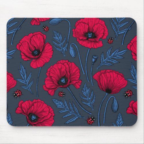 Red poppies and ladybugs on dark blue mouse pad