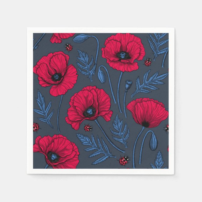 Red poppies and ladybugs on dark blue napkins (Front)