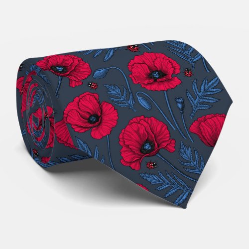 Red poppies and ladybugs on dark blue neck tie