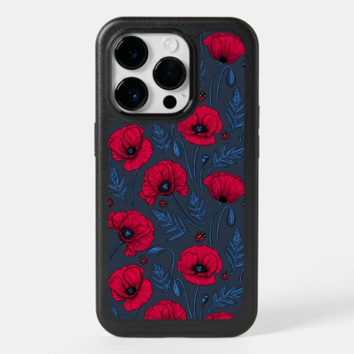 Red poppies and ladybugs on dark blue OtterBox iPhone 14 pro case