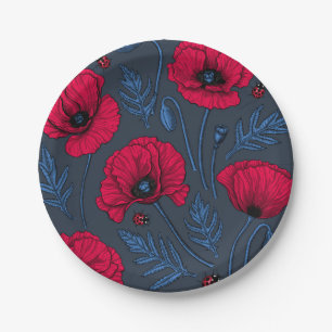 Red poppies and ladybugs on dark blue paper plates