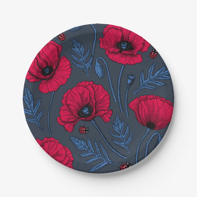 Red poppies and ladybugs on dark blue paper plates (Front)