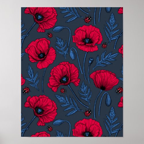 Red poppies and ladybugs on dark blue poster