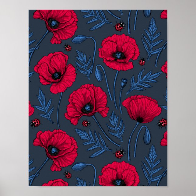 Red poppies and ladybugs on dark blue poster (Front)