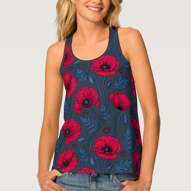 Red poppies and ladybugs on dark blue tank top (Front)