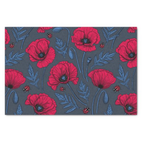 Red poppies and ladybugs on dark blue tissue paper