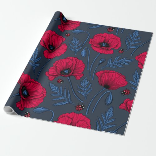 Red poppies and ladybugs on dark blue wrapping paper