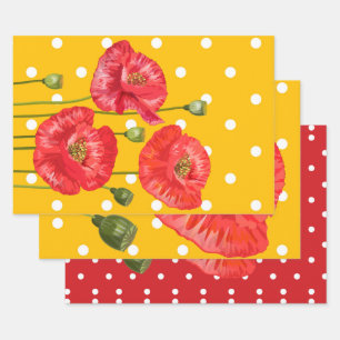 Red Poppies and Polka Dots Wrapping Paper Sheets