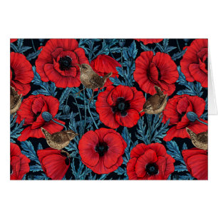Red poppies and wrens, blue leaves on black