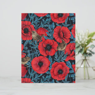 Red poppies and wrens, blue leaves on black