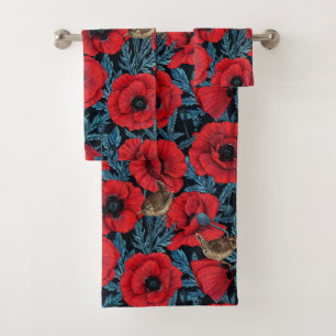 Red poppies and wrens, blue leaves on black bath towel set