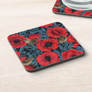 Red poppies and wrens, blue leaves on black beverage coaster