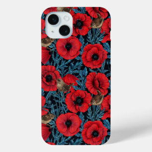 Red poppies and wrens, blue leaves on black iPhone 15 plus case