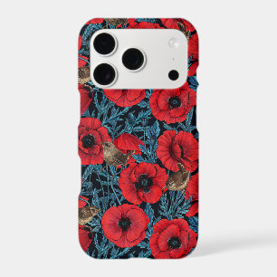 Red poppies and wrens, blue leaves on black iPhone 17 pro case