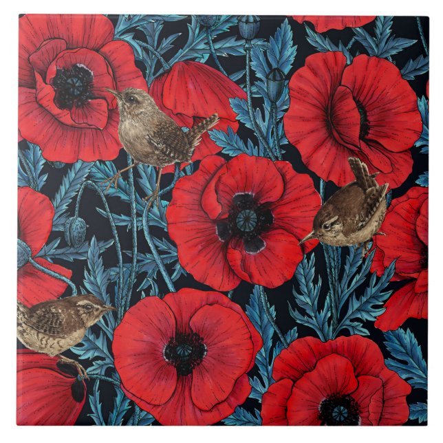 Red poppies and wrens, blue leaves on black ceramic tile (Front)