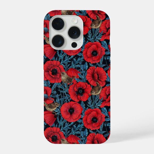 Red poppies and wrens, blue leaves on black iPhone case (Back)