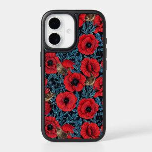 Red poppies and wrens, blue leaves on black iPhone 17 case