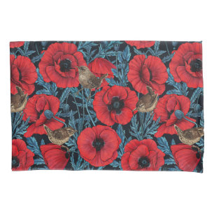 Red poppies and wrens, blue leaves on black pillow case