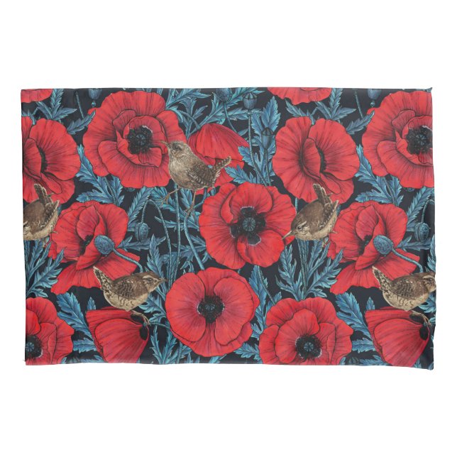 Red poppies and wrens, blue leaves on black pillow case (Front-Left)