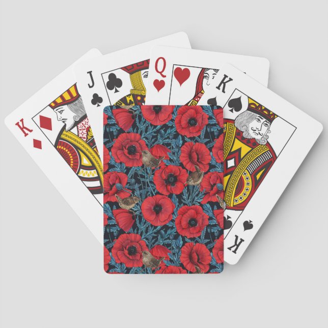 Red poppies and wrens, blue leaves on black poker cards (Back)