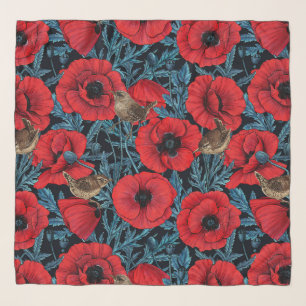 Red poppies and wrens, blue leaves on black scarf