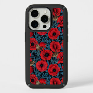 Red poppies and wrens, blue leaves on black iPhone 15 pro case