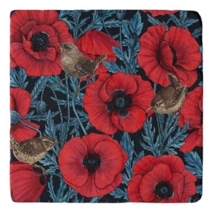 Red poppies and wrens, blue leaves on black trivet
