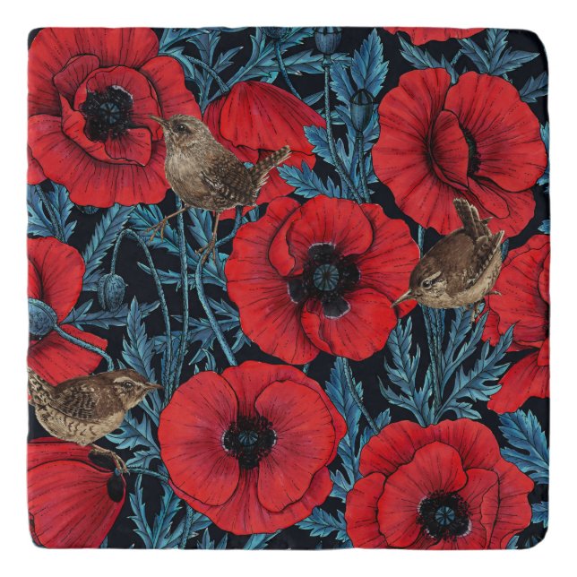 Red poppies and wrens, blue leaves on black trivet (Front)