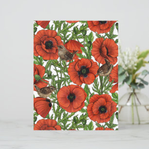 Red poppies and wrens, green leaves on white