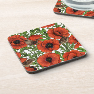 Red poppies and wrens, green leaves on white beverage coaster