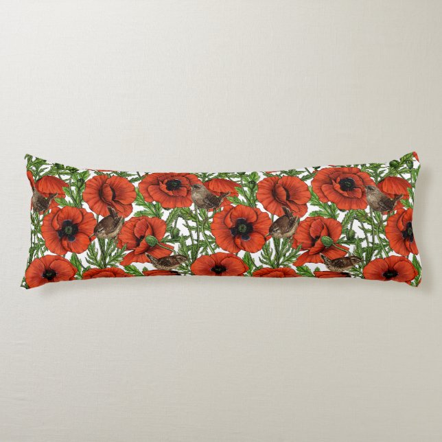 Red poppies and wrens, green leaves on white body pillow (Front)