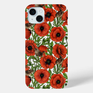 Red poppies and wrens, green leaves on white iPhone 15 plus case