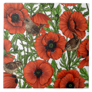 Red poppies and wrens, green leaves on white ceramic tile